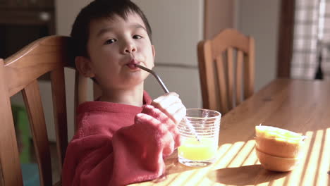 Niño-Asiático-Bebiendo-Un-Jugo-De-Naranja-Natural-Recién-Exprimido-Para-El-Desayuno-Usando-Una-Pajita-Reutilizable