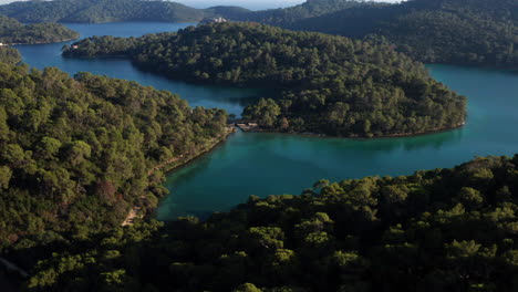 National-Park-On-Island-Mljet,-Dubrovnik-Archipelago,-Croatia---aerial-drone-shot