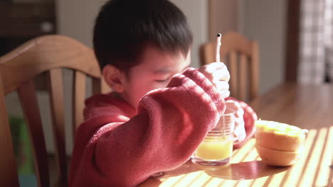 Asiatisches-Kind,-Das-Einen-Rostfreien-Strohhalm-Verwendet,-Um-Natürlichen-Orangensaft-Zu-Mischen