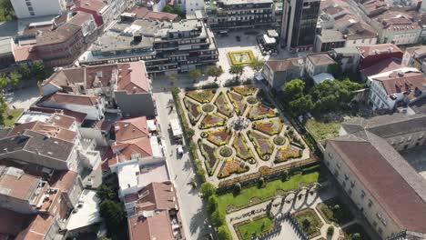 Jardim-de-Santa-Barbara,-flower-garden-overlooked-by-Archiepiscopal-Palace-of-Braga,-Portugal