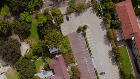Aerial-overhead-view-of-parking-lot-at-Occidental-College-campus-in-Los-Angeles,-California