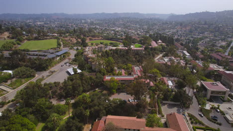 Aerial-of-Occidental-college-campus-in-Eagle-Rock-neighborhood-of-Los-Angeles,-California-on-a-gorgeous-summer-day