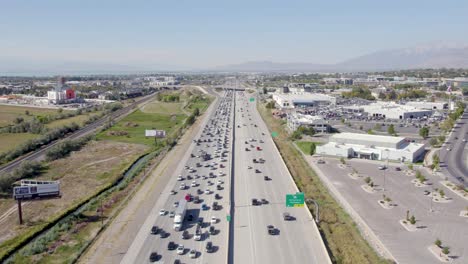 Traffic-Jam-on-Utah-County-Freeway-in-Orem,-Utah---Aerial