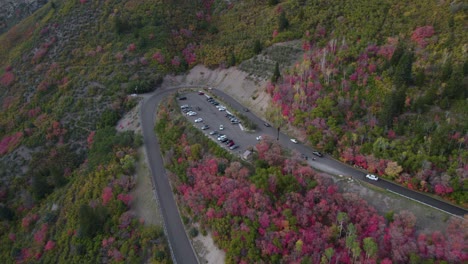 Sweeping-Aerial-View-Of-Mountain-Road-Switchback-American-Fork-Canyon