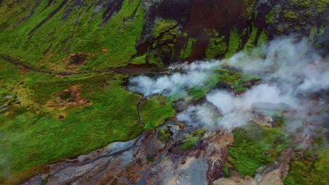 Geothermal-beauty-of-the-Reykjadalur-Valley-in-Iceland--Aerial