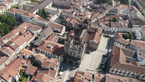 Half-Orbit-Shot-Congregados-Church-in-Braga-Portugal-urban-area-at-day