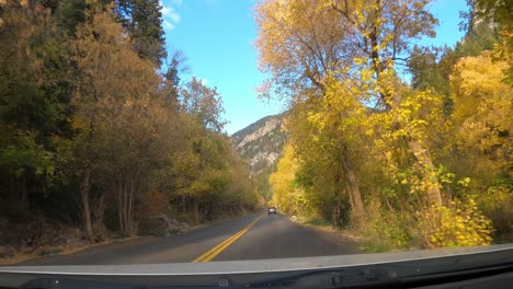 Vista-Pov-De-La-Conducción-De-Automóviles-A-Través-De-Hojas-De-Otoño-Vibrantes-En-Las-Montañas-De-Utah