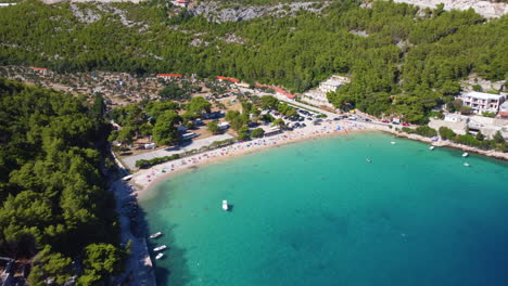 Drone-Towards-The-Campground-On-Prapratno-Bay-During-Summertime-In-Croatia-Adriatic-Coast
