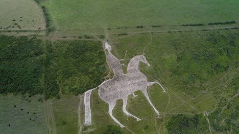 Osmington-White-Horse-limestone-chalk-figure-hillside-countryside-art-attraction-aerial-view-tilt-down-Birdseye