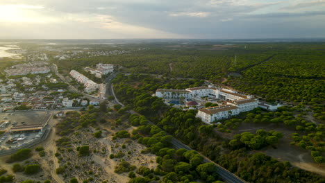 Aerial-View-Of-Garden-Playanatural-Hotel-Surrounded-By-Trees-In-El-Rompido,-Huevas,-Spain