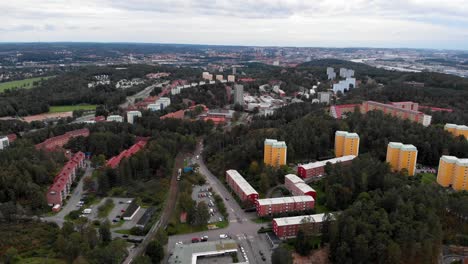 Drone-view-of-Apartment-Buildings-in-Aprilgatan-in-Kortedala,-Gothenburg
