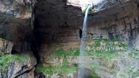 Falls-In-The-Mountains-Of-Lebanon---Baatara-Gorge-Waterfall---aerial-pullback