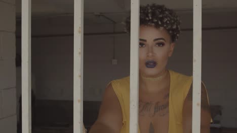 Scared-Mixed-Race-Woman-With-Dark-Lipstick-and-Tattoos-Behind-Bars-in-Prison-Cell,-Close-Up,-Handheld