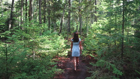 A-young-woman-treks-through-a-beautiful-forest-in-Boothbay,-Maine