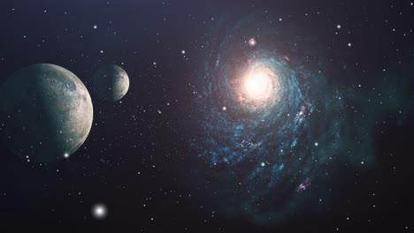 Universo,-Galaxia-Azul-Y-Dos-Planetas-Giratorios-Moviéndose-En-El-Espacio