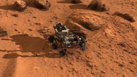Hochwertige-3D-CGI-animierte-Darstellung-Des-Mars-Perseverance-Rover-Auf-Der-Felsigen-Oberfläche-Des-Planeten-Mars,-Beginnend-Mit-Einer-Nahaufnahme-Und-Einem-Anstieg-In-Einen-Hohen-Winkel