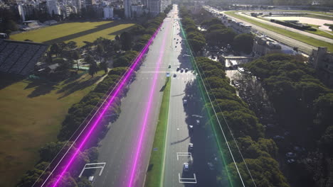 Aerial-flyover-cars-driving-on-digital-modern-highway-in-direction-Buenos-Aires-City-during-sunset---Tracking-shot-of-vehicles-on-avenue-with-glowing-lines-for-communication---4K-Future-Concept