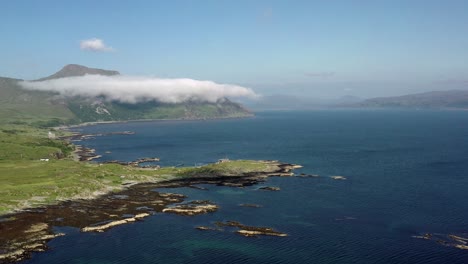 Aerial-view,-looking-up-the-Scottish-coast-on-the-Ardnamurchan-peninsular,-near-the-village-of-Kilchoan