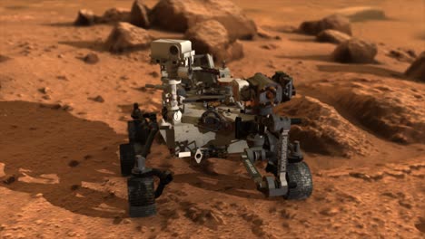 High-quality-3D-CGI-animated-render-of-the-Mars-Perseverance-rover,-on-the-rocky-surface-of-the-planet-Mars,-starting-from-a-high-angle-and-pushing-in-close