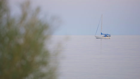 Weißes-Segelboot,-Das-Auf-Dem-Ruhigen-Wasser-Des-Sees-Segelt