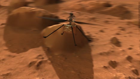 High-quality-rendered-3D-CGI-animation-simulation-of-an-rapid-orbiting-shot-of-the-Ingenuity-drone-helicopter-hovering-over-the-surface-of-the-planet-Mars