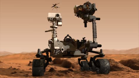 Highly-photo-realistic-3D-CGI-animated-render-showing-a-hero-shot-of-the-Mars-Perseverance-rover-and-the-Ingenuity-helicopter-on-the-rocky-surface-of-the-planet-Mars