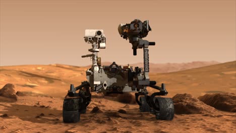 High-quality-3D-CGI-animated-render-of-a-smooth-dolly-shot-of-the-Mars-Perseverance-rover,-on-the-rocky-surface-of-the-planet-Mars