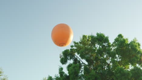 As-the-camera-moves-out-from-behind-a-tree,-we-see-the-large-orange-balloon-in-the-Orange-County-Great-Park-located-in-Irvine-California