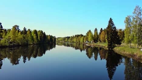 Tranquil-Scenery-Of-Vasterdal-River-In-Vansbro,-Dalarna,-Sweden-At-Daytime---aerial-pullback