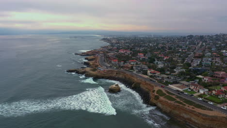 Aerial-View-Of-California-Coastline-At-Sunset,-San-Diego,-USA---drone-shot