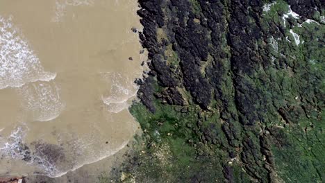 4K-Drohnenvideo-Von-Wellen,-Die-über-Felsen-Mit-Algen-Ans-Ufer-Kommen