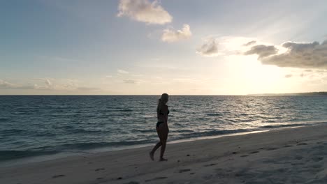 Silhouette-of-woman-running-and-walking-on-exotic-White-Island-beach-at-sunrise