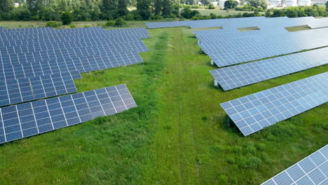 Solar-farm-palens-photovoltaic-field-with-renewable-green-energy,-aerial-pan