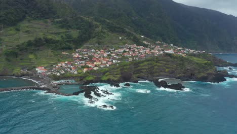 Aerial-shot-of-Seixal-coastal-village-in-Madeira,-Portugal