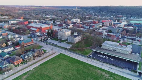 Aerial-View-of-Wide-Grassy-Area-Along-Clinton-Street-in-Front-of-the-Old-State-Capitol-Building,-Frankfort,-Kentucky