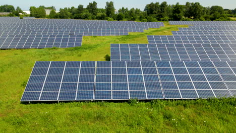 Landscape-Of-Solar-Cell-Farm-Power-Plant-Near-Gdansk,-Poland---drone-shot