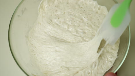 Natural-leaven-is-being-mixed-with-a-plastic-spatula