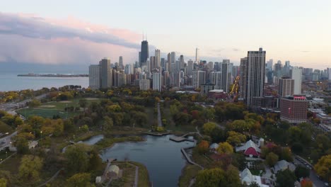 Aerial-Shot-of-Chicago-Cityscape-in-Autumn-at-Sunset