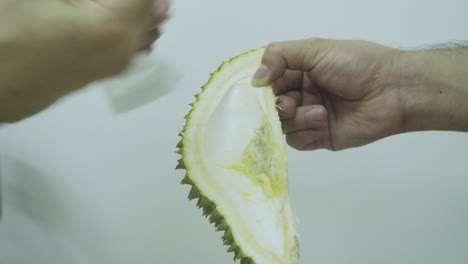 View-Of-Two-Men-Hand-Taking-The-Mao-Shan-Wang-Durian-Fruit-Interior---close-up