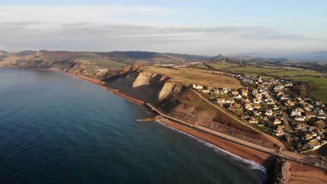 Aerial-View-Of-West-Bay-In-Early-Morning-In-Dorset
