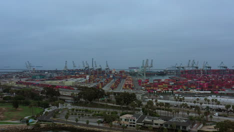Shipping-containers-at-the-industrial-port-at-Long-Beach,-California---aerial-view