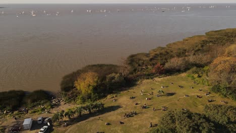 Luftaufnahme,-Die-Entspannende-Menschen-Im-Park-Vor-Dem-Fluss-In-Buenos-Aires-Zeigt