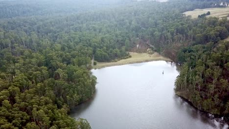 Aerial-footage-forest-and-the-Wombat-Creek-Dam,-Bullarto,-June-2021,-Victoria,-Australia