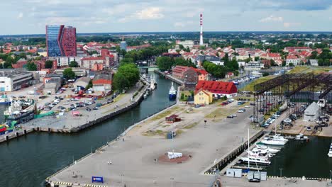 Aerial-view-of-Port-of-Klaipeda-with-ships-in-the-canal---Lithuania