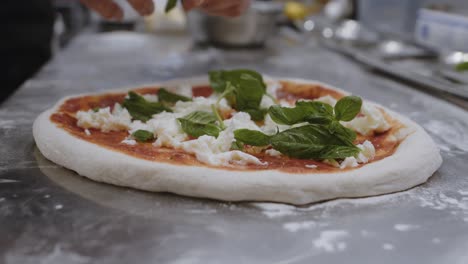 Close-up-on-putting-fresh-basil-on-top-of-prepared-neapolitan-pizza-dough-on-pizzeria-cooking-table