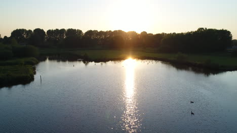 Golden-Sunlight-Reflection-At-The-Water-Of-The-Lake-In-Gouda,-Netherlands