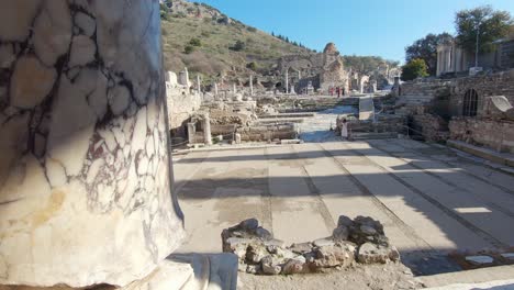 Dolly-panning-shot-of-prehistoric-ruins-of-Roman-Byzantine-Empire-in-Ephesus-Izmir-Turkey