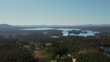 Panoramic-View-Of-Lush-Vegetation-Surrounding-Lake-Busjon,-Appelbo,-Dalarna,-Sweden---aerial-shot