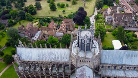 Flying-over-Ely-Cathedral-in-Cambridgeshire,-England,-aerial-top-down-view