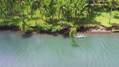 Man-Waving-On-Top-Of-Leaning-Coconut-Tree-Over-Calm-River-During-Summer-In-Saint-Bernard,-Southern-Leyte,-Philippines